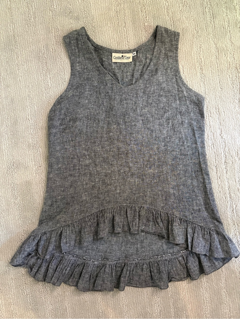 Goddess Gear Grey Linen/Cotton Sleeveless Ruffle Tunic Tank Top M Langenlook